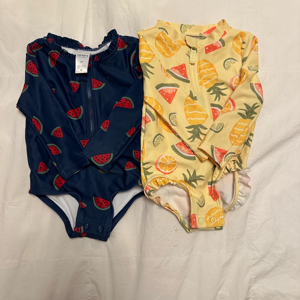 Set of 2 Carter's Blue and Yellow One Piece Swimsuits with Vibrant Fruit Prints